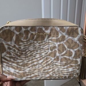 Michael Kors Beige and White Animal Print Crossbody Bag